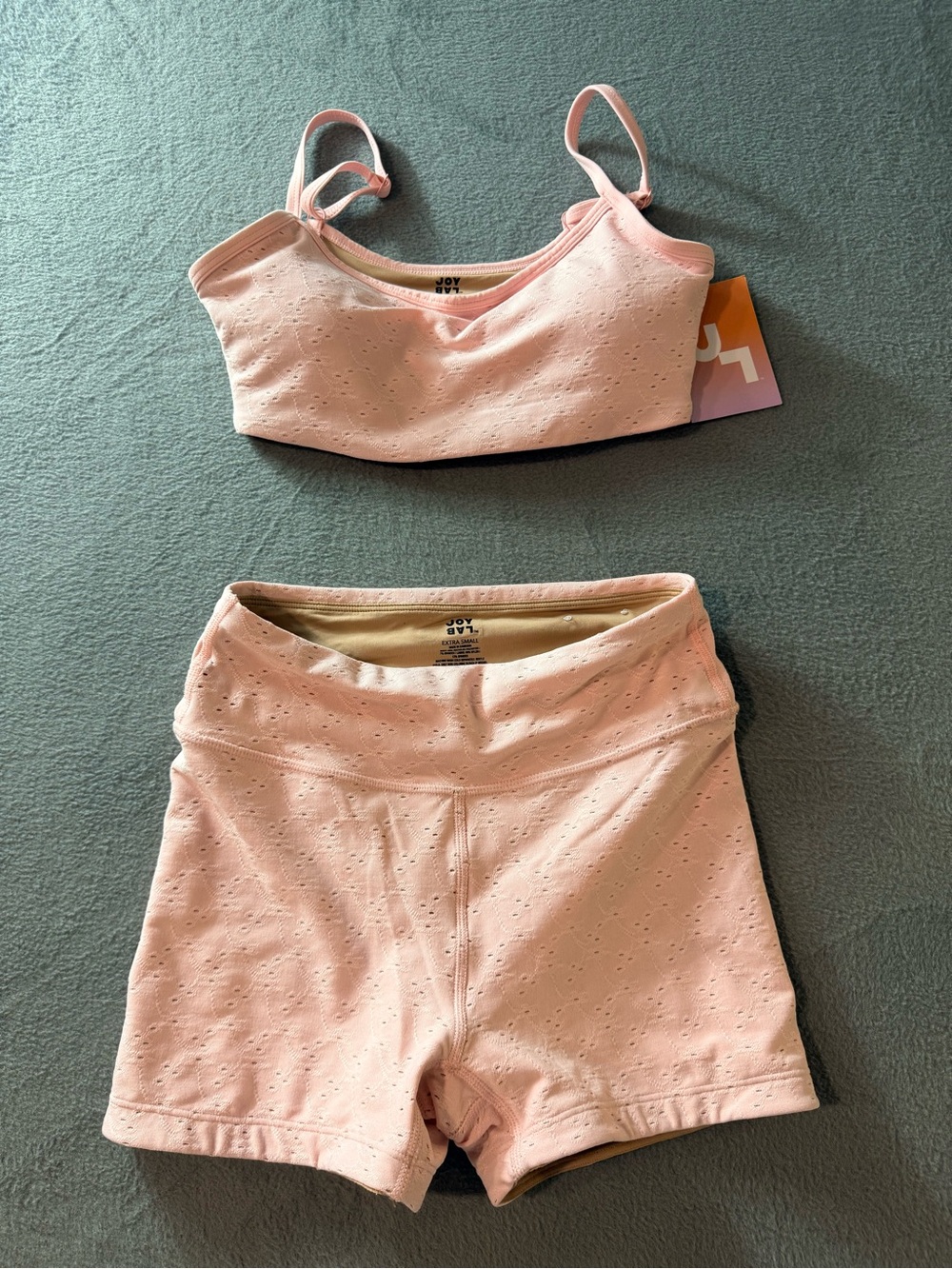 JoyLab - Light Pink Eyelet High-Rise Bike Shorts with Matching Athletic Bra - Picture 1 of 12